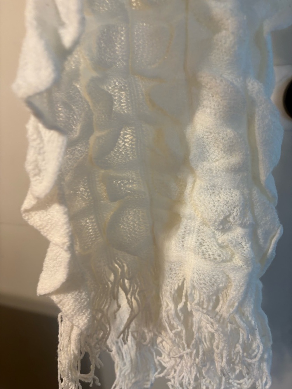 Ladies Beige White Fringed Ruffled Scarf